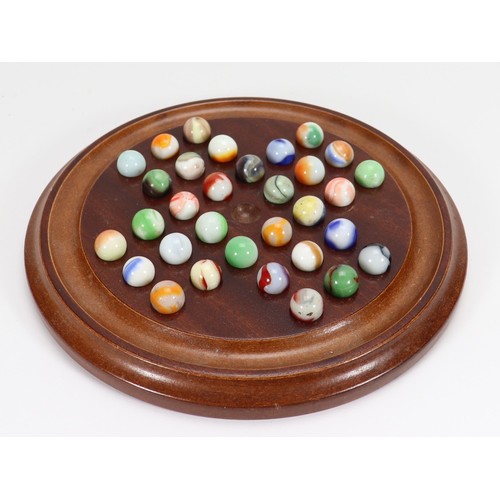 37 - Mahogany wooden Solitaire board, complete with thirty-two marbles, board 8 3/4
