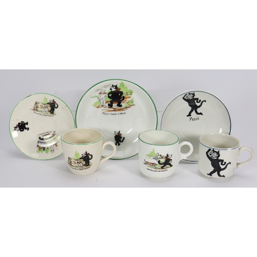40 - Three children's Felix the Cat china cups and saucers, 1920s, early printed Felix 