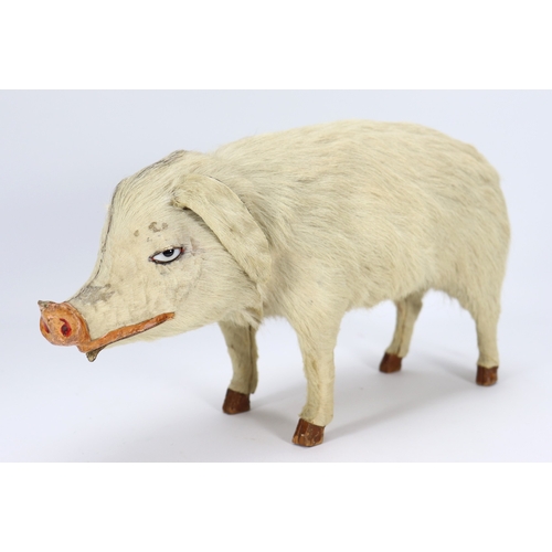 24 - A rare bon-bonier pig, probably French circa 1900, the skin covered white fur pig with glass eyes, p... 