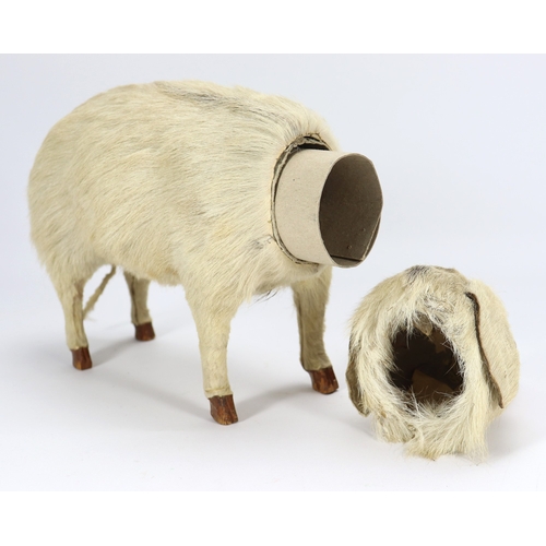 24 - A rare bon-bonier pig, probably French circa 1900, the skin covered white fur pig with glass eyes, p... 