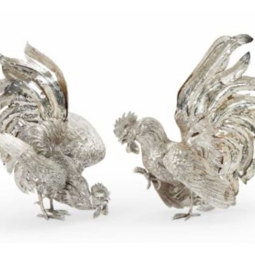 12 - A massive pair of heavy solid silver Italian 20th century life size cockerels circa 1960 by Rossi