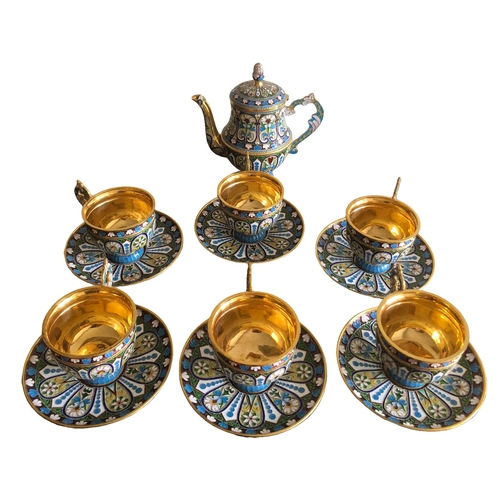 19 - A FINE SOLID SILVER GILT AND ENAMEL TEA SET IN MANNER OF OVCHINNIKOV