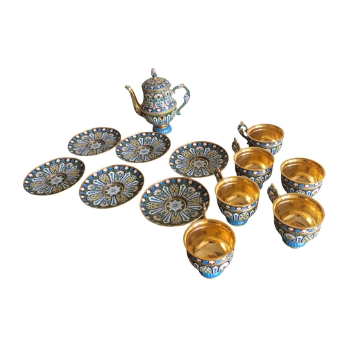 19 - A FINE SOLID SILVER GILT AND ENAMEL TEA SET IN MANNER OF OVCHINNIKOV