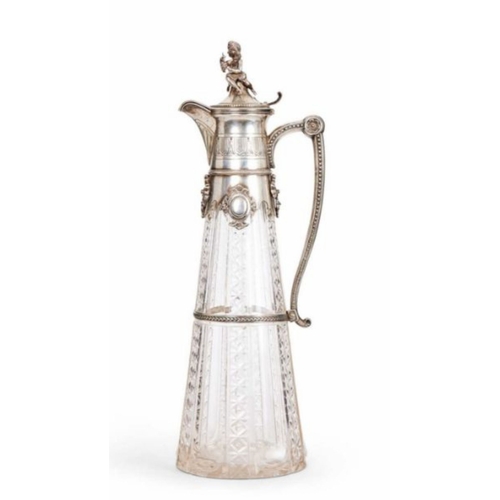 29 - LATE 19TH CENTURY GERMAN SILVER AND CUT CRYSTAL GLASS WINE DECANTER