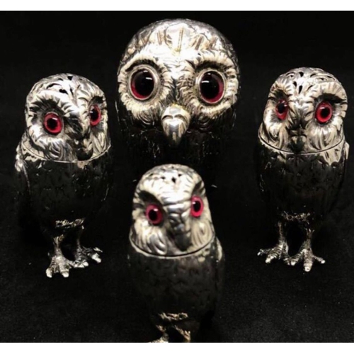 30 - An English silver owl cruet set
George Richards & Edward Brown  19th century, circa 1865 London