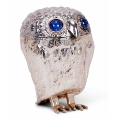 32 - SILVER MUSTARD POT MODELLED AS AN OWL, SPANISH, MID 20TH CENTURY