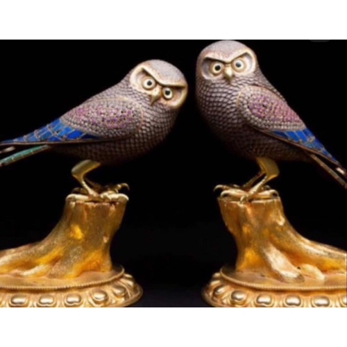 33 - A 20th century large pair of European stunning silver and gilt bronze owls