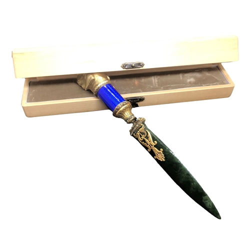 35 - A large Faberge style silver enamel nephrite jade diamond set letter opener