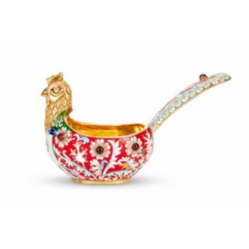 52 - A SILVER GILT, CLOISONNE ENAMEL AND GEM SET RUSSIAN STYLE BIRD (KOVSH)