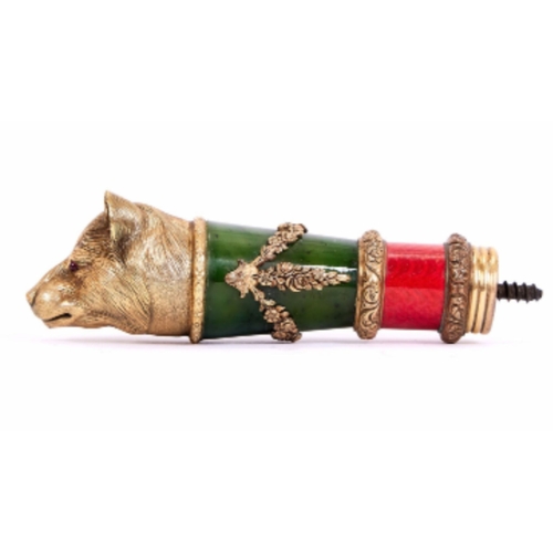 85 - A FABERGE STYLE SILVER GILT, NEPHRITE AND GUILLOCHE ENAMEL CANE HANDLE A FABERGE STYLE SILVER GILT, ... 