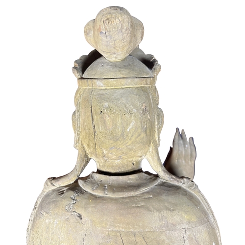 122 - A good late large Chinese carved wooden
Buddha sat upon a lotus leaf decorated
base, needs restorati... 