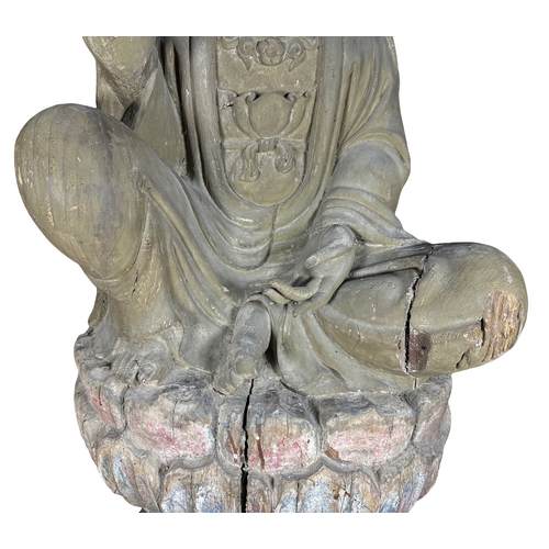 122 - A good late large Chinese carved wooden
Buddha sat upon a lotus leaf decorated
base, needs restorati... 