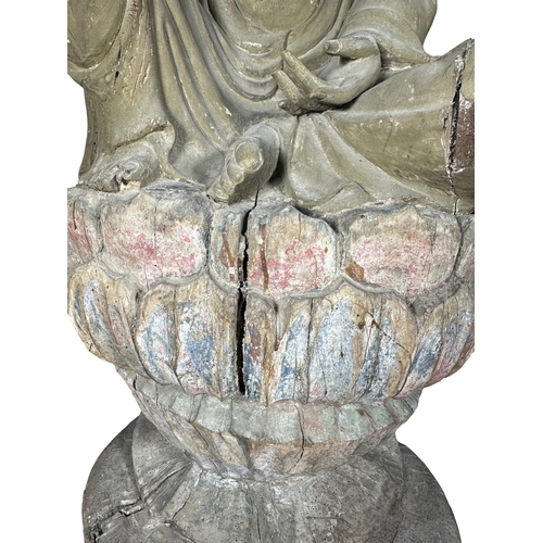 122 - A good late large Chinese carved wooden
Buddha sat upon a lotus leaf decorated
base, needs restorati... 