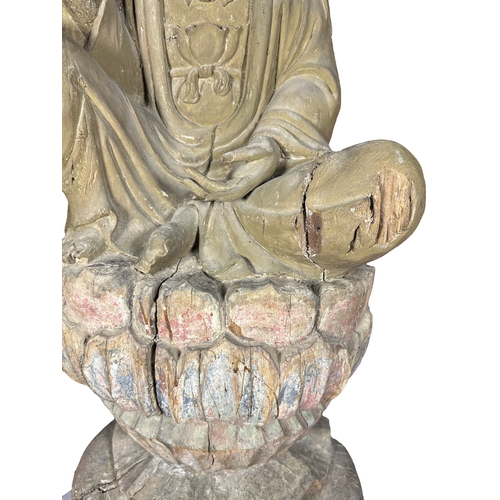 122 - A good late large Chinese carved wooden
Buddha sat upon a lotus leaf decorated
base, needs restorati... 