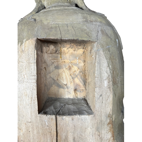 122 - A good late large Chinese carved wooden
Buddha sat upon a lotus leaf decorated
base, needs restorati... 