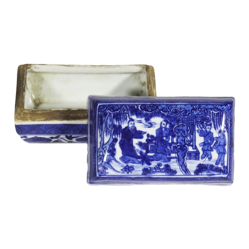 134 - A Chinese blue & white incense burner. A
blue & white box & cover & an emboldened
silk panel (3). Po... 