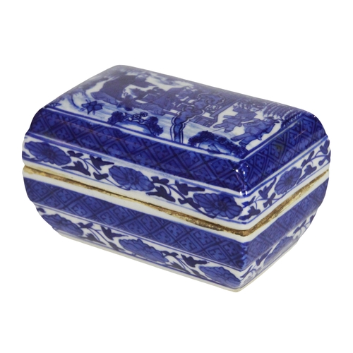 134 - A Chinese blue & white incense burner. A
blue & white box & cover & an emboldened
silk panel (3). Po... 