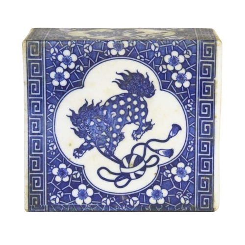 134 - A Chinese blue & white incense burner. A
blue & white box & cover & an emboldened
silk panel (3). Po... 