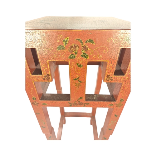 112 - A late 19th-century floral decorated Jardiner stand ochre lacquered decorations 87cm high 34cm wide.