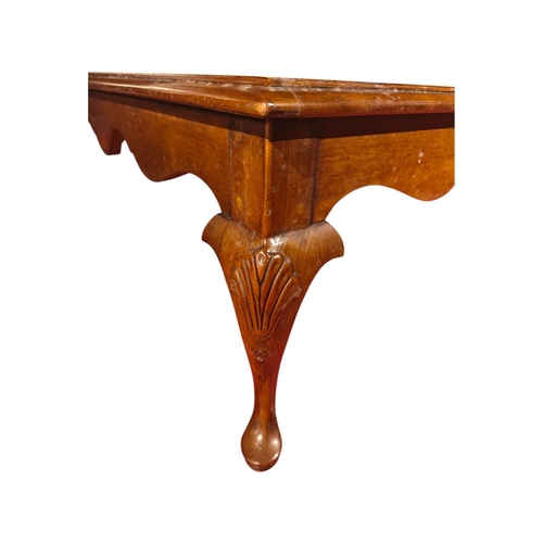 115 - A large mahogany square coffee table upon cabriole legs 102cm.