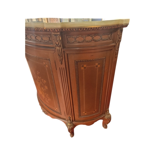 119 - A floral marquetry demi lone side cabinet with an onyx top.