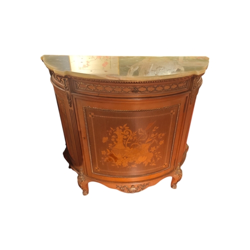 119 - A floral marquetry demi lone side cabinet with an onyx top.