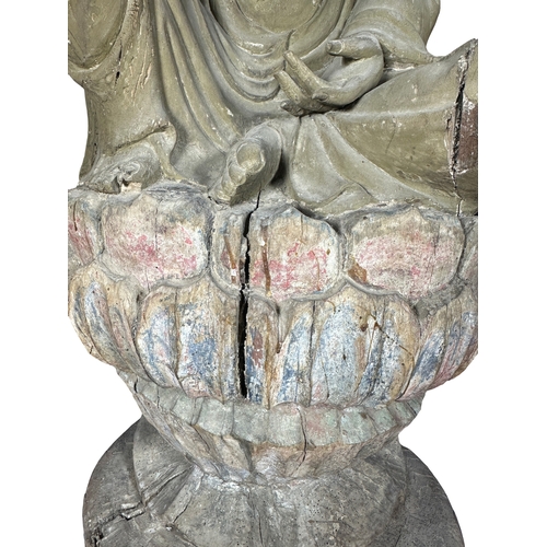 20 - A good late large Chinese carved wooden Buddha sat upon a lotus leaf decorated base, As found, (H: 1... 