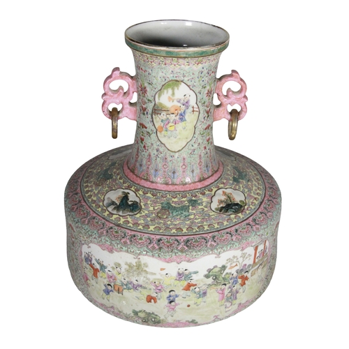 23 - A large floral Chinese decorated vase with medallions amongst foliage & mountains turquoise & floral... 