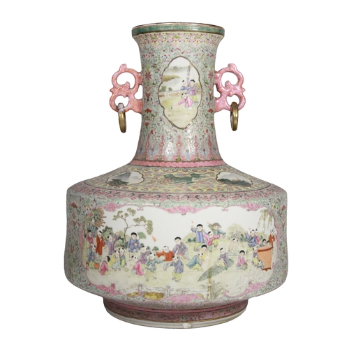 23 - A large floral Chinese decorated vase with medallions amongst foliage & mountains turquoise & floral... 