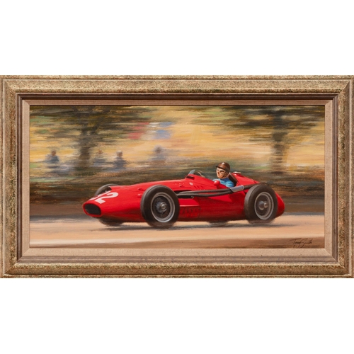 117 - Maserati 250F, by Tony SmithA fine Tony Smith painting of a Maserati 250F at speed.45cmx77cmFramed a... 