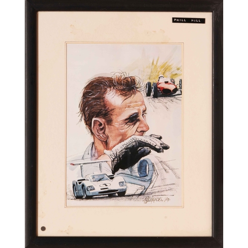 131 - Studies of Fangio, Ireland, Vandervell and Phil Hill (4) Four studies by different artists of four s... 