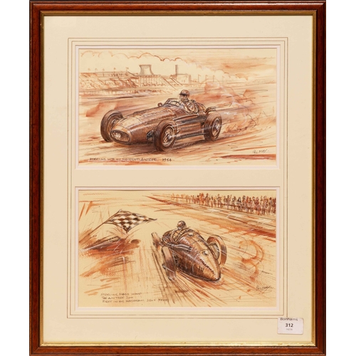 144 - Stirling Moss, Maserati 250F, Aintree 1954, by Phil May (2) A Phil May watercolour and gouache paint... 