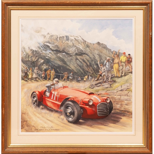 62 - Ferrari 166, Aosta San Bernardo, 1948, by Michael WrightAn attractive watercolour of a Ferrari 166 o... 