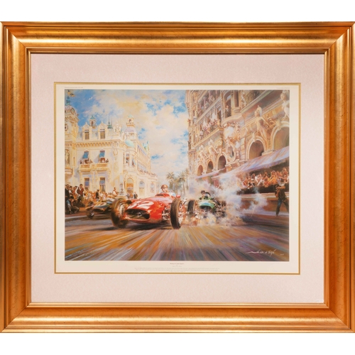 72 - Alfredo de la Maria. 'Dicing at Casino Square'. A limited edition print of Fangio in the 250F leadin... 