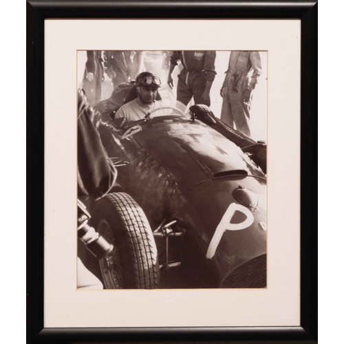 107 - Two monochrome studies of Fangio (2) A pair of monochrome studies of Fangio, one in usual guise behi... 