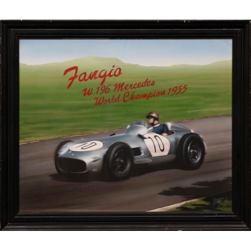 109 - Two images of Fangio in a Maserati 250F and a Mercedes-Benz W196 (2) A mixed media image of Fangio i... 