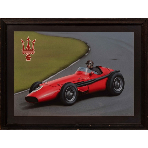 109 - Two images of Fangio in a Maserati 250F and a Mercedes-Benz W196 (2) A mixed media image of Fangio i... 