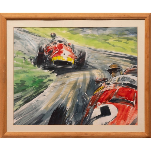 111 - Fangio in his Maserati 250F at the German GP, Nürburgring, 1957, by Gordon HornerA fine watercolour ... 