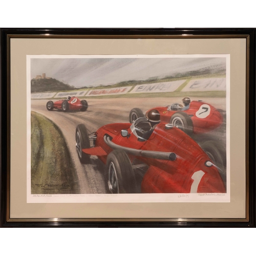 118 - Fangio, Nurburgring, 1957 by Roy Nockolds A large Lithographic print colourised by Nick Hayley of Ro... 