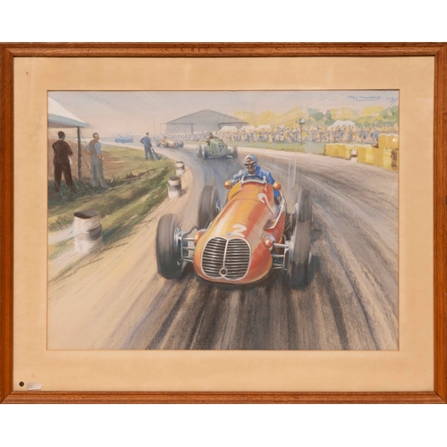 61 - De Graffenried, Maserati 4CLT, Silverstone 1949, by Roy Nockolds A fine Crayon and wash painting sho... 