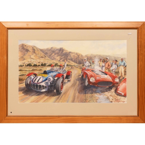65 - A.K. Miller, Carrera Pan Americana, 1954, by Michael WrightA large watercolour of Ak Miller in his S... 