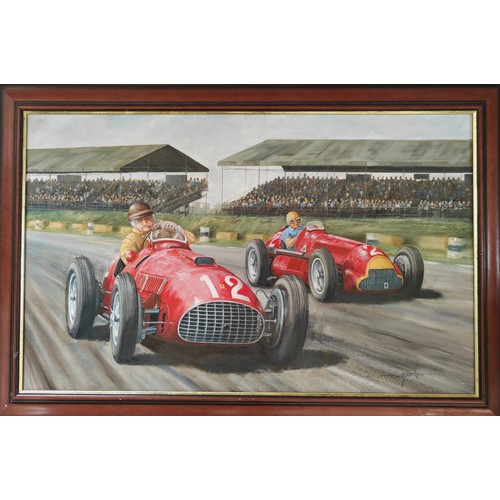 75 - Gonzalez leads Fangio, British GP, Silverstone, 1951Oil on canvas showing the eventual winner Jose F... 