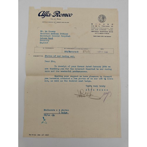 Original 1949 Alfa- Romeo Letter and Envelope, Plus Other ItemA fine ...