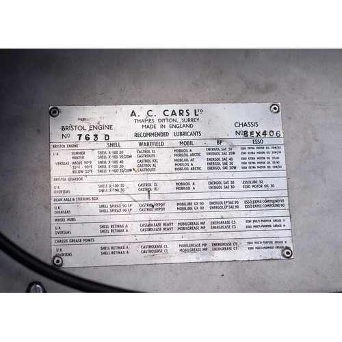 419 - 1958 AC Ace-Bristol Registration Number: YSU 362 Chassis Number: BEX406Engine Number: 100D763Recorde... 