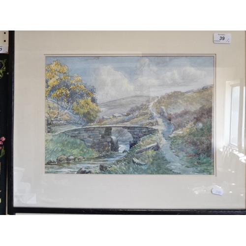 39 - J. West, three rural watercolour scenes, a bridge & stream x 2 and a cafe by a river, together with ... 