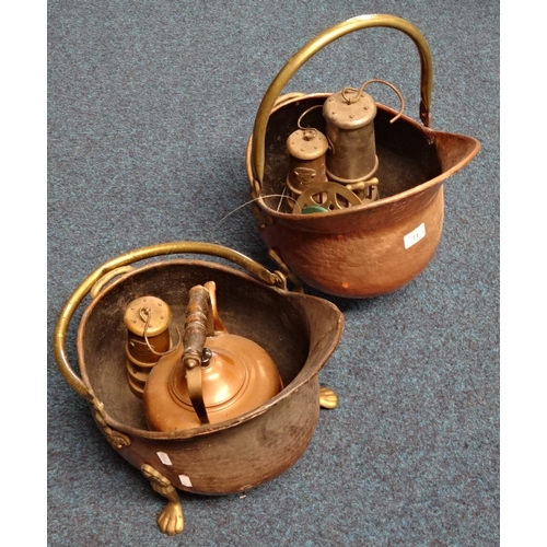 71 - Two coal scuttles, two miners' lamps, other metalwares.  (2)