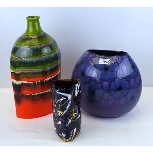 100 - A Poole Pottery Jasmine Purse vase; an art glass vase; an unsigned mid-century studio pottery vase. ... 