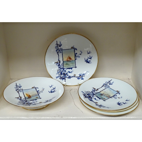 148 - A part dessert service having Aesthetic movement motif decoration incorporating hand painted marine ... 