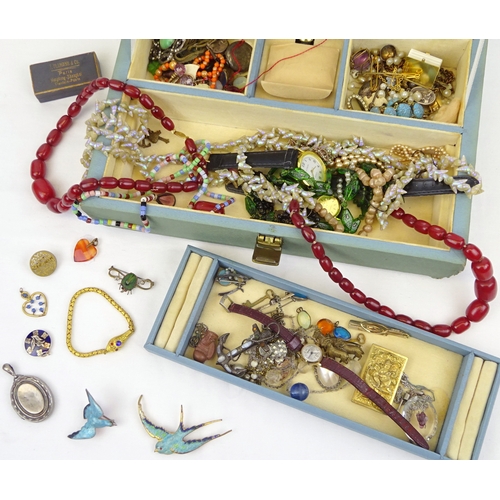 359 - Costume jewellery incl a base metal serpent bracelet, various beads a goat form brooch, a scarab bro... 