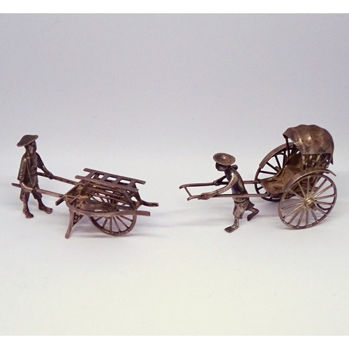 437 - Two Chinese miniature white metal models: a rickshaw and a street vendor & cart.  Approx 80mm long.